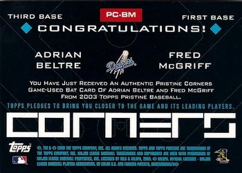 2003 Topps Pristine - Corners Relics #PC-BM Adrian Beltre / Fred McGriff Back