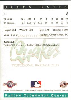 1993 Classic Best Rancho Cucamonga Quakes #2 Jared Baker Back