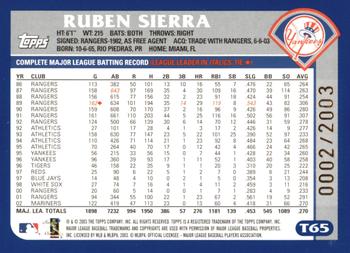 2003 Topps Traded & Rookies - Gold #T65 Ruben Sierra Back