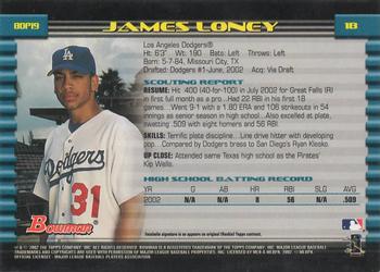 2002 Bowman Draft Picks & Prospects #BDP19 James Loney Back