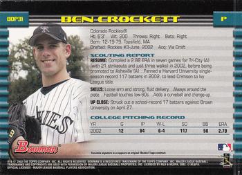 2002 Bowman Draft Picks & Prospects #BDP31 Ben Crockett Back