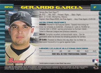 2002 Bowman Draft Picks & Prospects #BDP145 Gerardo Garcia Back