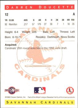 1993 Classic Best Savannah Cardinals #12 Darren Doucette Back