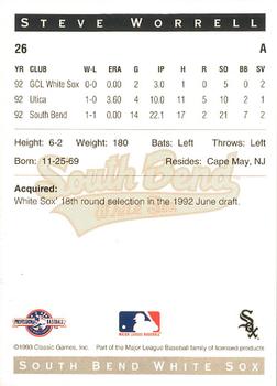 1993 Classic Best South Bend White Sox #26 Steve Worrell Back