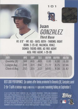 2002 Bowman's Best #101 Juan Gonzalez Back
