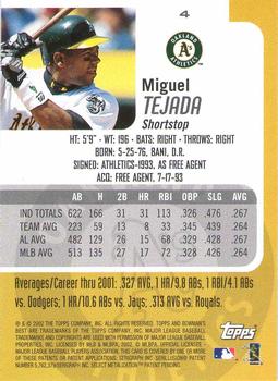 2002 Bowman's Best #4 Miguel Tejada Back