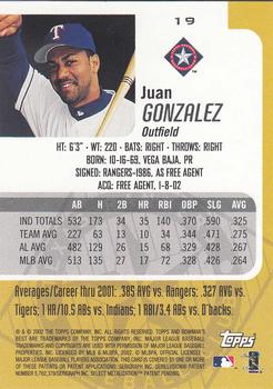 2002 Bowman's Best #19 Juan Gonzalez Back