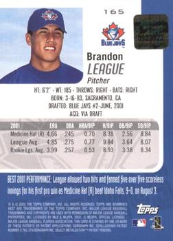 2002 Bowman's Best #165 Brandon League Back