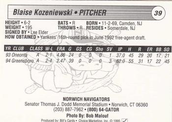 1995 Choice Norwich Navigators - Update #NNO Blaise Kozeniewski Back