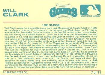 1988 Star Will Clark Bay Bombers Series #7 Will Clark Back