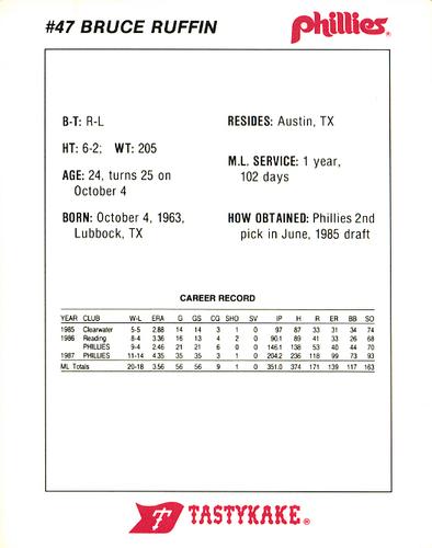 1988 Tastykake Philadelphia Phillies #NNO Bruce Ruffin Back