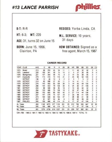 1988 Tastykake Philadelphia Phillies #NNO Lance Parrish Back