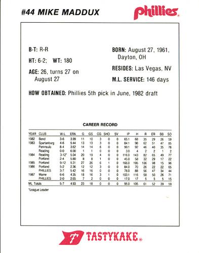 1988 Tastykake Philadelphia Phillies #NNO Mike Maddux Back