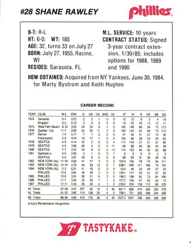 1988 Tastykake Philadelphia Phillies #NNO Shane Rawley Back