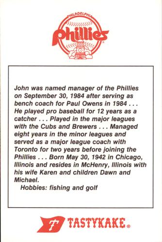 1987 Tastykake Philadelphia Phillies #NNO John Felske Back