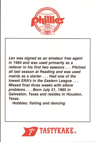 1987 Tastykake Philadelphia Phillies #NNO Len Watts Back