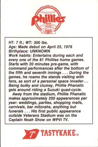 1987 Tastykake Philadelphia Phillies #NNO Phillie Phanatic Back