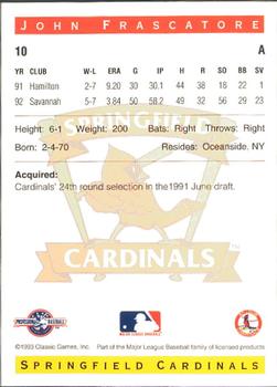 1993 Classic Best Springfield Cardinals #10 John Frascatore Back