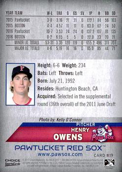 2017 Choice Pawtucket Red Sox #19 Henry Owens Back