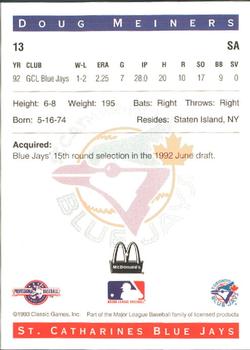 1993 Classic Best St. Catharines Blue Jays #13 Doug Meiners Back