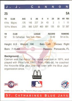 1993 Classic Best St. Catharines Blue Jays #25 J.J. Cannon Back