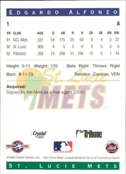 1993 Classic Best St. Lucie Mets #1 Edgardo Alfonzo Back