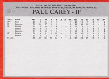 1994 Baltimore Orioles Program Cards #NNO Paul Carey Back