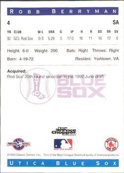1993 Classic Best Utica Blue Sox #4 Robb Berryman Back