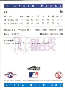 1993 Classic Best Utica Blue Sox #20 Hilario Perez Back