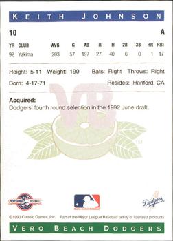 1993 Classic Best Vero Beach Dodgers #10 Keith Johnson Back