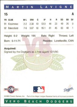 1993 Classic Best Vero Beach Dodgers #15 Martin Lavigne Back