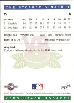 1993 Classic Best Vero Beach Dodgers #22 Christopher Sinacori Back