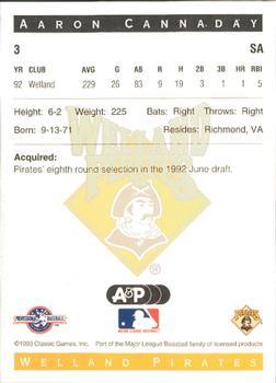 1993 Classic Best Welland Pirates #3 Aaron Cannaday Back