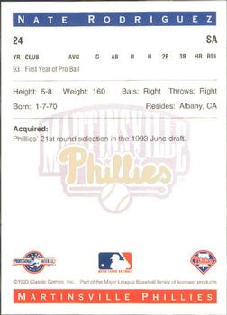 1993 Classic Best Martinsville Phillies #24 Nate Rodriguez Back