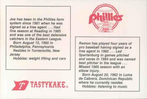 1986 Tastykake Philadelphia Phillies #NNO Ramon Caraballo / Joe Cipolloni Back