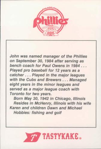 1986 Tastykake Philadelphia Phillies #NNO John Felske Back