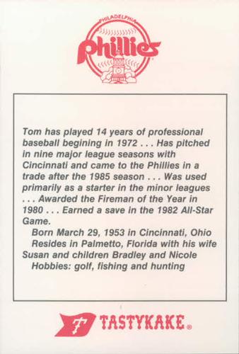 1986 Tastykake Philadelphia Phillies #NNO Tom Hume Back