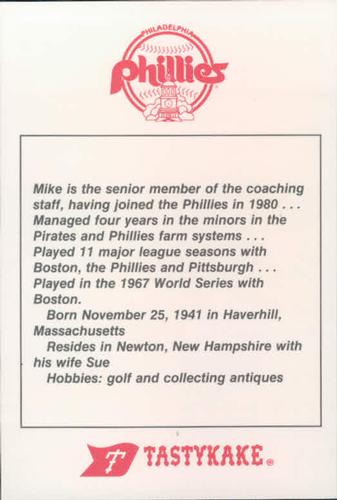 1986 Tastykake Philadelphia Phillies #NNO Mike Ryan Back