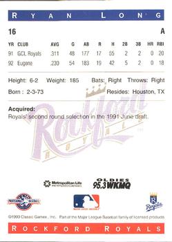 1993 Classic Best Rockford Royals #16 Ryan Long Back