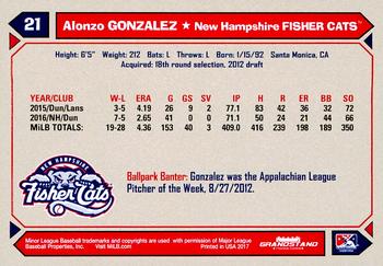 2017 Grandstand New Hampshire Fisher Cats #NNO Alonzo Gonzalez Back