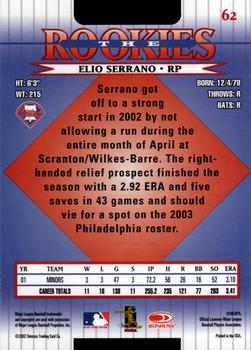2002 Donruss The Rookies #62 Elio Serrano Back