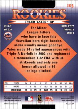 2002 Donruss The Rookies #103 Tyler Yates Back