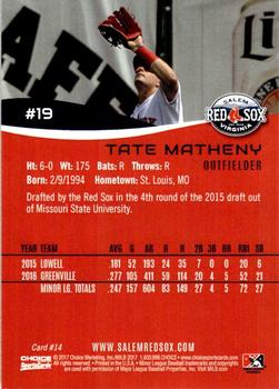 2017 Choice Salem Red Sox #14 Tate Matheny Back