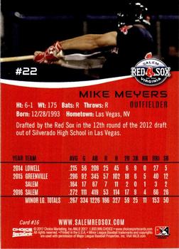 2017 Choice Salem Red Sox #16 Mike Meyers Back