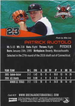 2017 Choice Augusta GreenJackets #19 Patrick Ruotolo Back