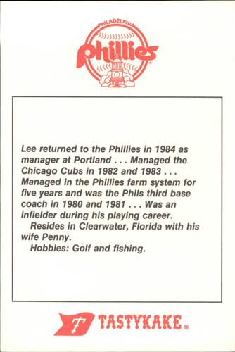 1985 Tastykake Philadelphia Phillies #NNO Lee Elia Back