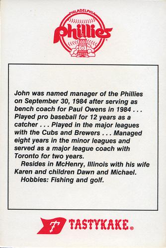 1985 Tastykake Philadelphia Phillies #NNO John Felske Back