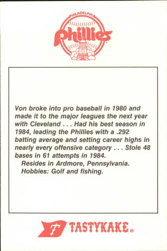 1985 Tastykake Philadelphia Phillies #NNO Von Hayes Back