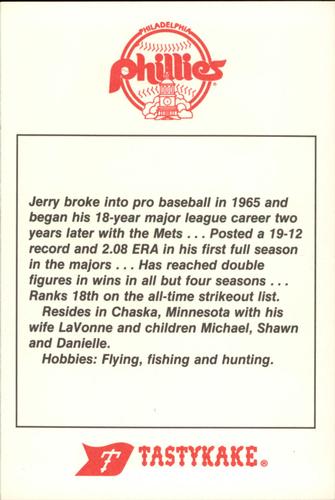 1985 Tastykake Philadelphia Phillies #NNO Jerry Koosman Back