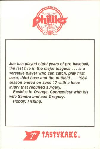 1985 Tastykake Philadelphia Phillies #NNO Joe Lefebvre Back